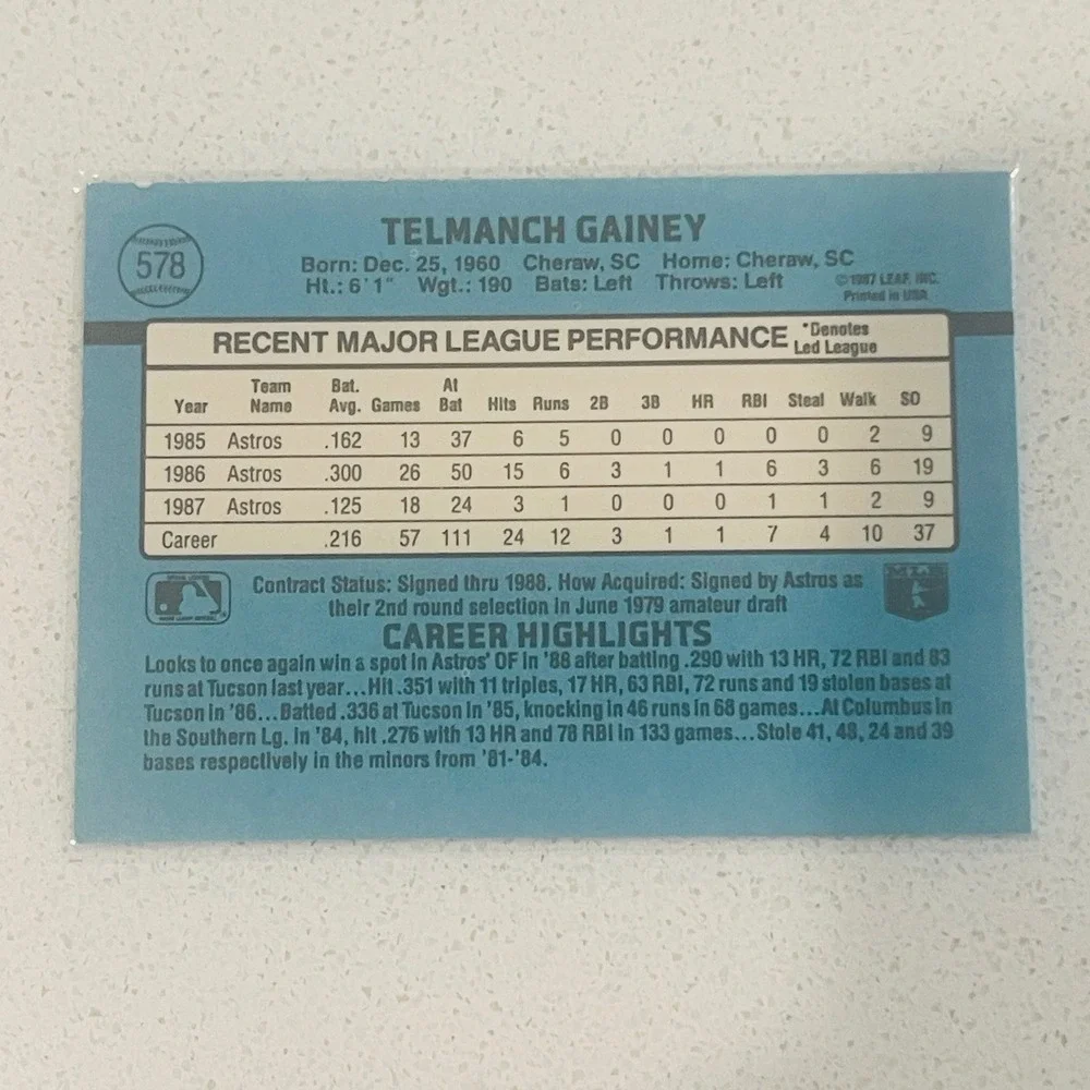 1988 Donruss Ty Gainey 578 Houston Astros Baseball Card Outfielder Vintage MLB